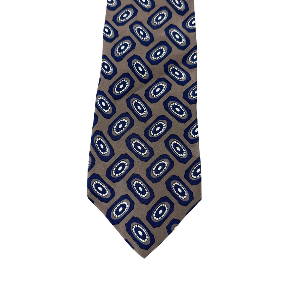 Guess Mens Silk Tie Taupe Navy Blue Geometric Medallion Handmade Necktie 56x3.75